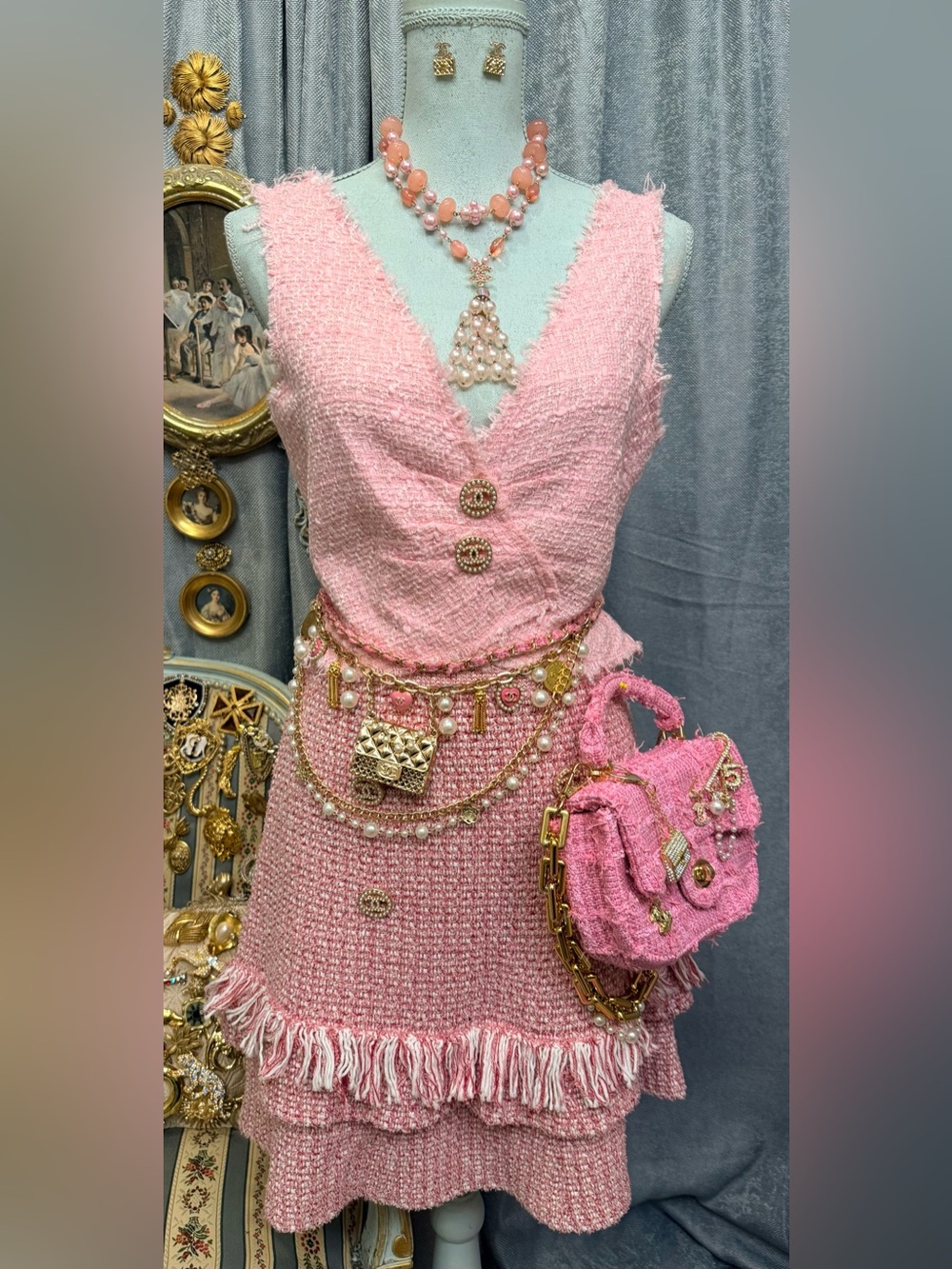 Pink Skirt with Fringe and Tweed Blouse